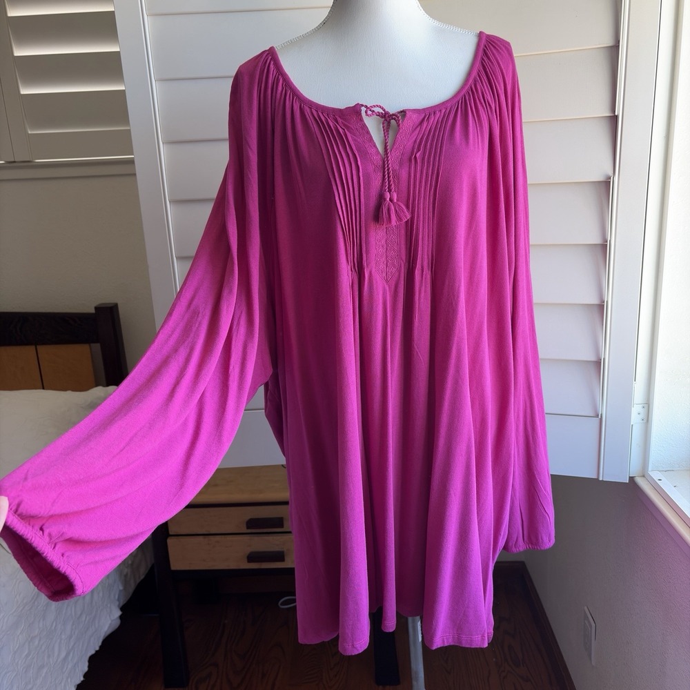 Woman Within 5X 38 40 Pink Boho Peasant Tunic Blouse Pintuck Tassel Plus Shirt